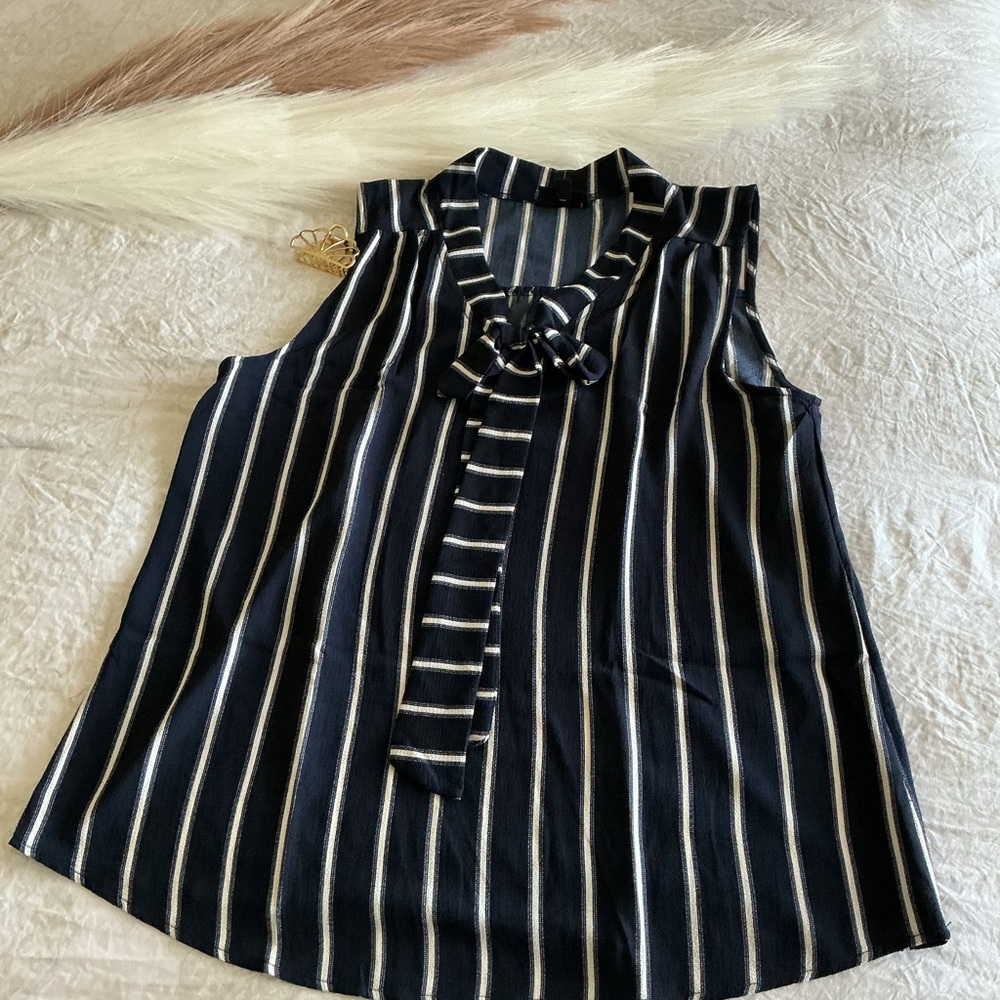 Sleeveless Black & White Vertical Stripe Tie-Neck Blouse